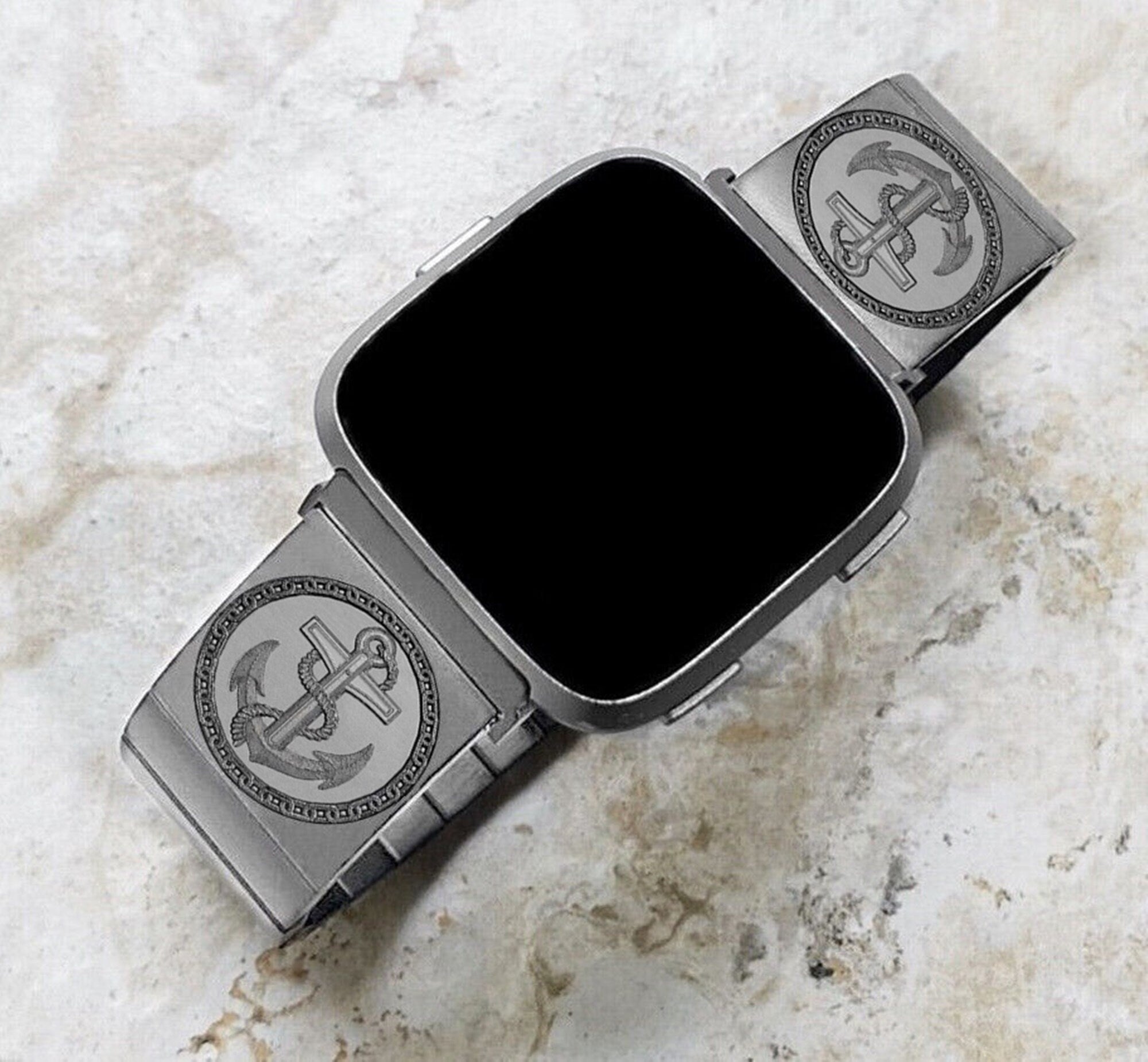 Engraved Watch Band Compatible with Fitbit Versa Lite 2 3 4 and Sense 2 Smartwatches Silver Color Stainless Steel Bracelet Strap AN1